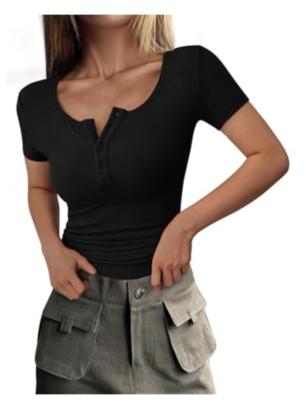 Ribbed Knit Henley Tee Shirt - Short Sleeve Slim Fitted Summer Top